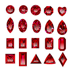 Set of realistic red rubies with different cuts.